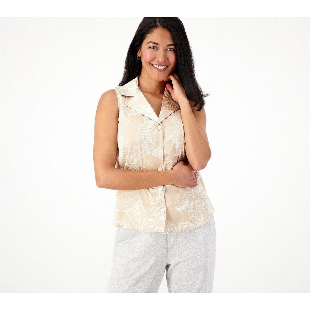 Breezies Sleep Tank Top Size Large Lounge Satin Breeze Button Up Oat Botanical